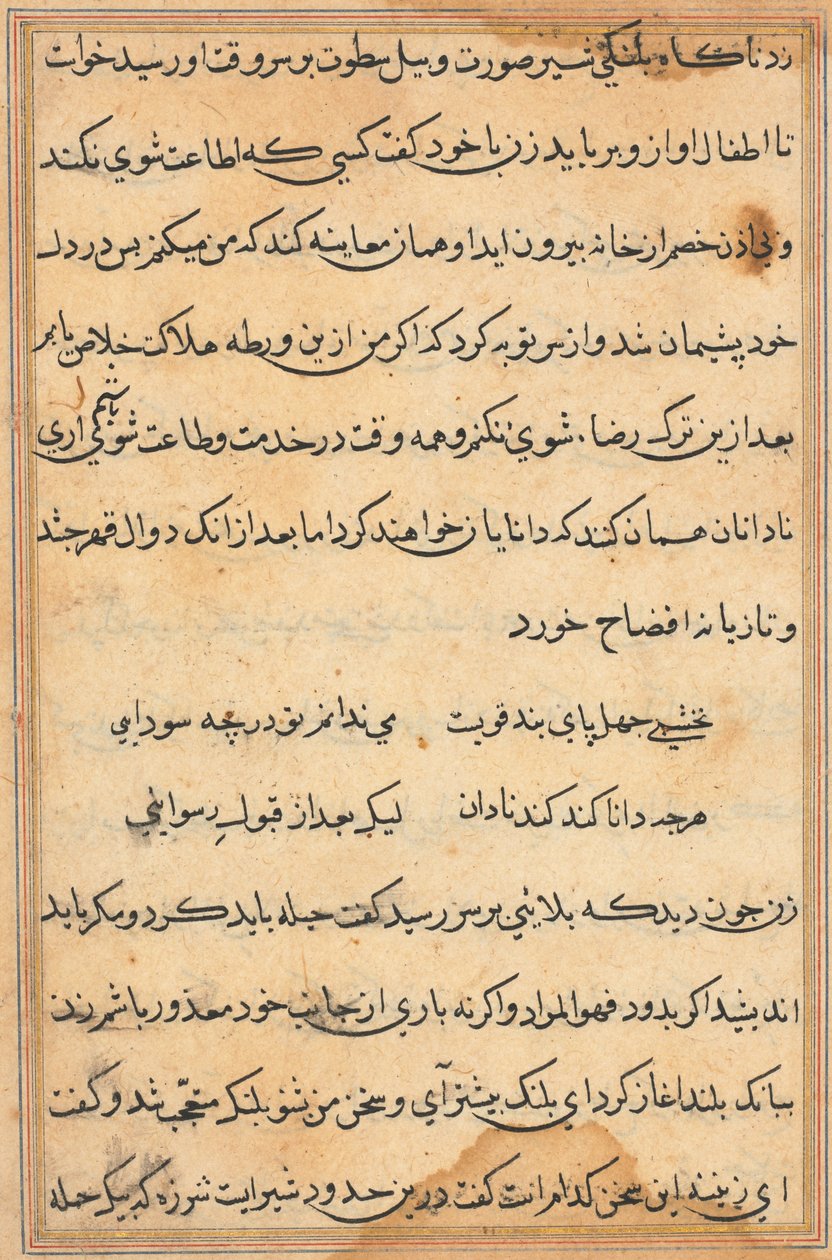 Sivu julkaisusta Tales of a Parrot Tuti-nama: tekstisivu, n. 1560. tekijältä Unbekannt