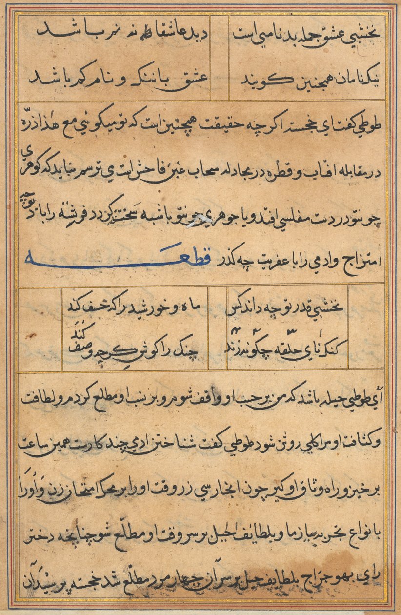 Sivu julkaisusta Tales of a Parrot Tuti-nama: tekstisivu, n. 1560. tekijältä Unbekannt