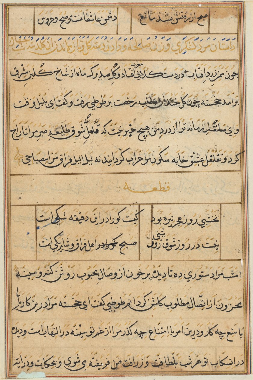 Sivu julkaisusta Tales of a Parrot Tuti-nama: tekstisivu, n. 1560. tekijältä Unbekannt