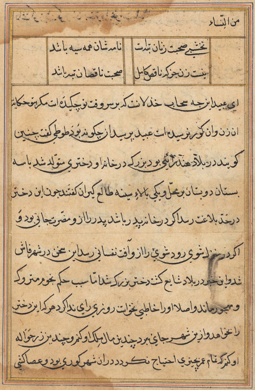 Sivu julkaisusta Tales of a Parrot Tuti-nama: tekstisivu, n. 1560. tekijältä Unbekannt