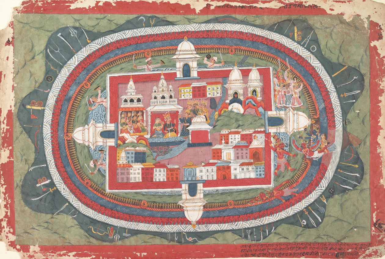 Sivu hajallaan olevasta Bhagavata Purana -käsikirjoituksesta Krishnan elämä, n. 1775. tekijältä Unbekannt