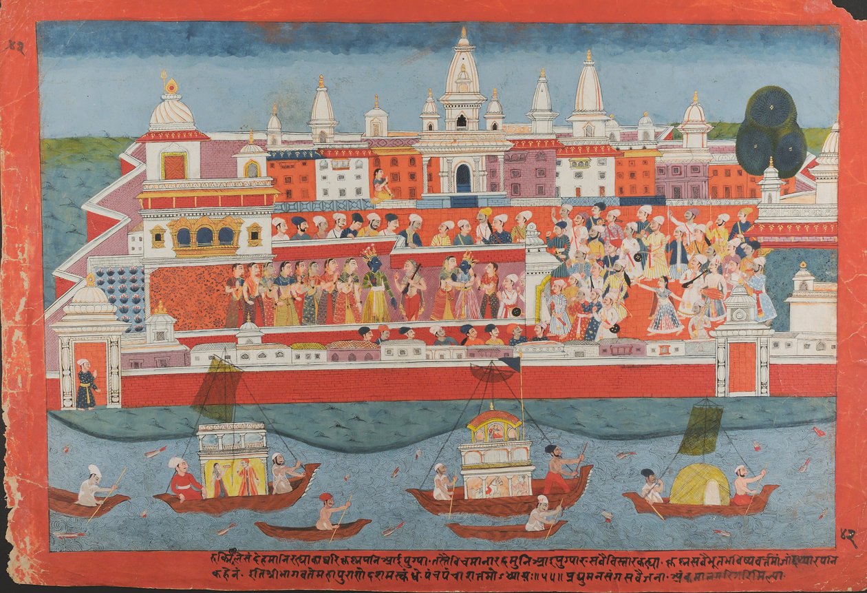 Sivu hajallaan olevasta Bhagavata Purana -käsikirjoituksesta Krishnan elämä, n. 1775. tekijältä Unbekannt