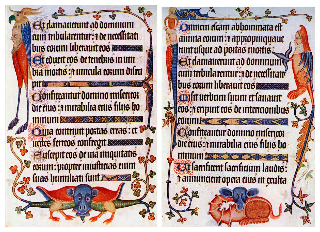 Sivu kuvitettua tekstiä Luttrell Psalterista, c1300-c1340, c1900-1920 tekijältä Unbekannt