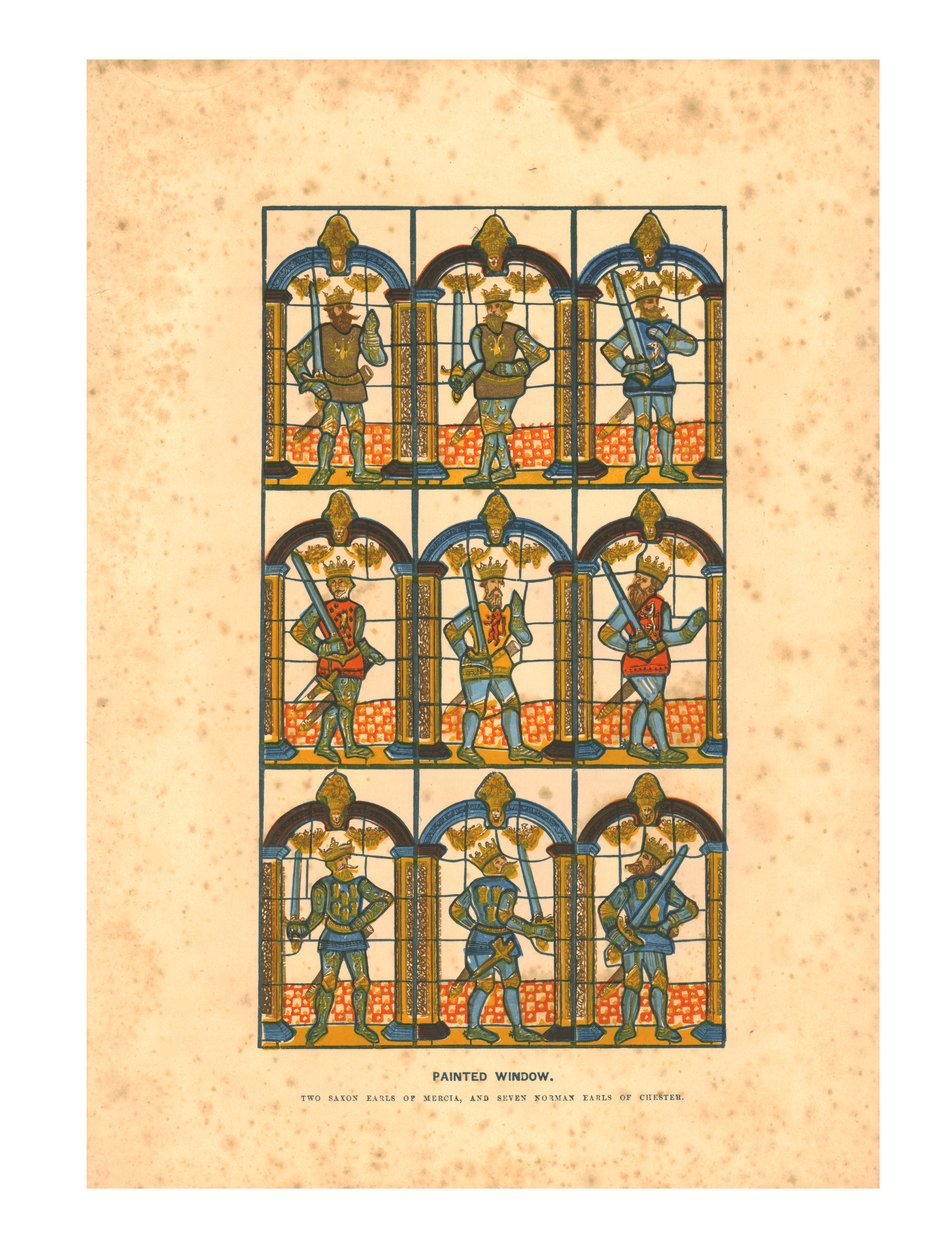 Maalattu ikkuna. Kaksi Saxon Earls of Mercia ja Seven Norman Earls of Chester, c1845 tekijältä Unbekannt