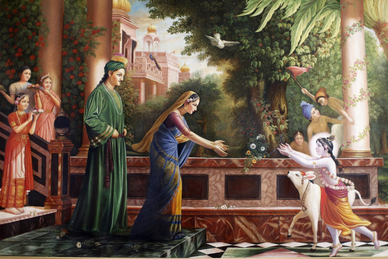 Maalaus Bhaktivedanta Manorissa, joka kuvaa nuorta Krishnaa juoksemassa äiti Yasodan ja Nanda Maharajin (hänen sijaisvanhempiensa) Watford Grande-Bretagnen luo tekijältä Unbekannt