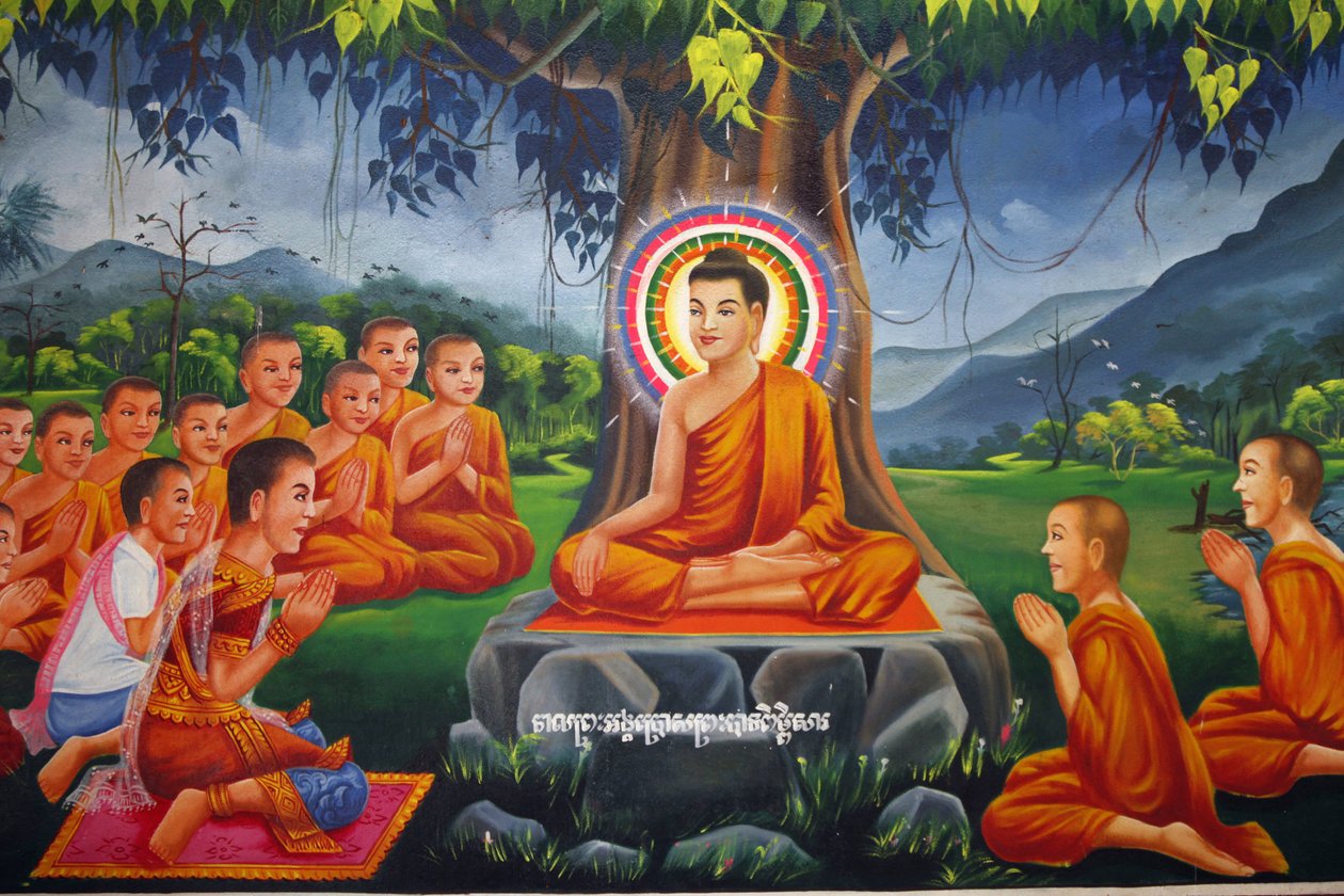Maalaus, jossa Buddha opettaa puun alla kuningas Bimbisaran kanssa Rajagaha Udong Cambodgessa tekijältä Unbekannt