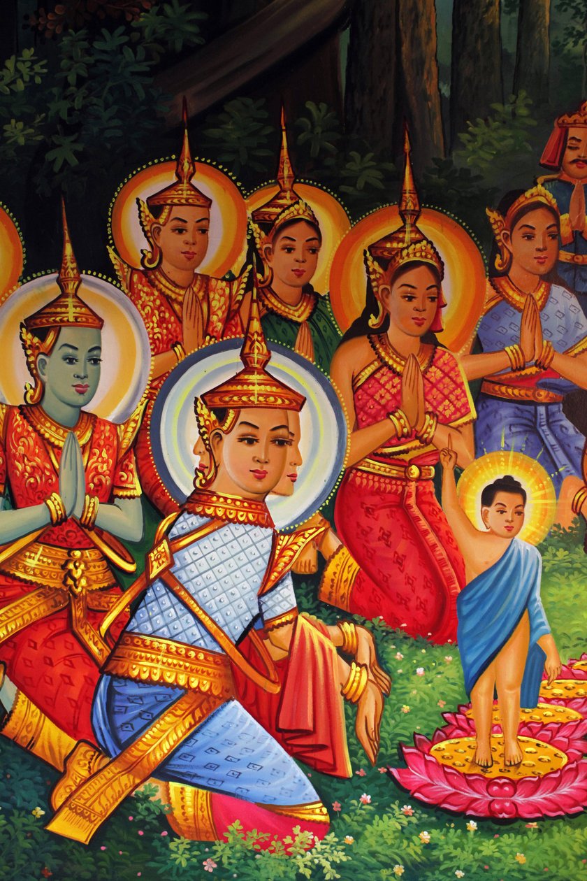 Maalaus, joka kuvaa Buddhan syntymäpäivää (Wesak) Wat Than Phnom Penh Cambodgessa tekijältä Unbekannt