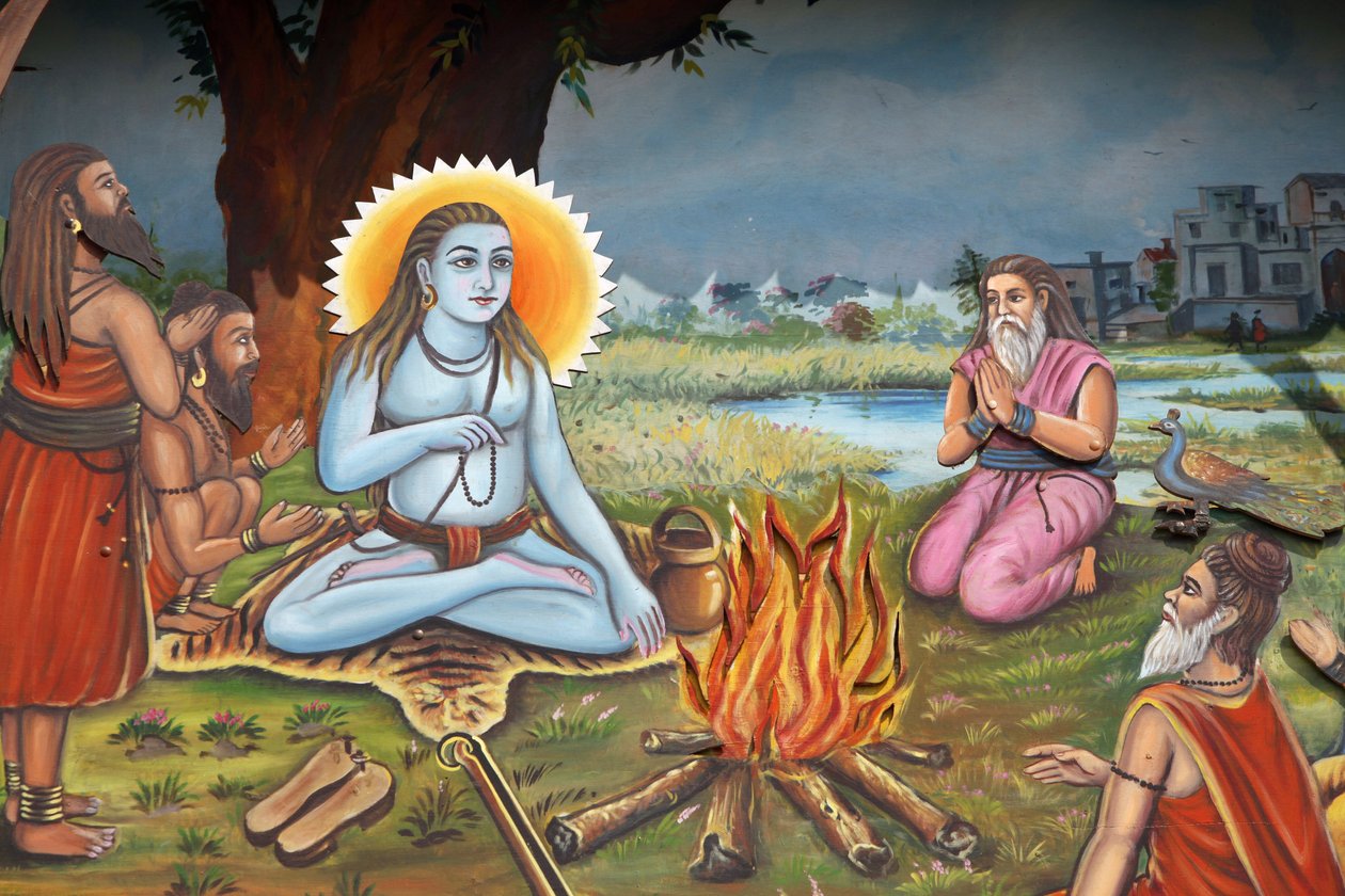 Maalaus, joka kuvaa pyhää miestä (istumassa tiikerin iholla kuin Shiva) seuraajiensa ympäröimänä Haridwar India tekijältä Unbekannt