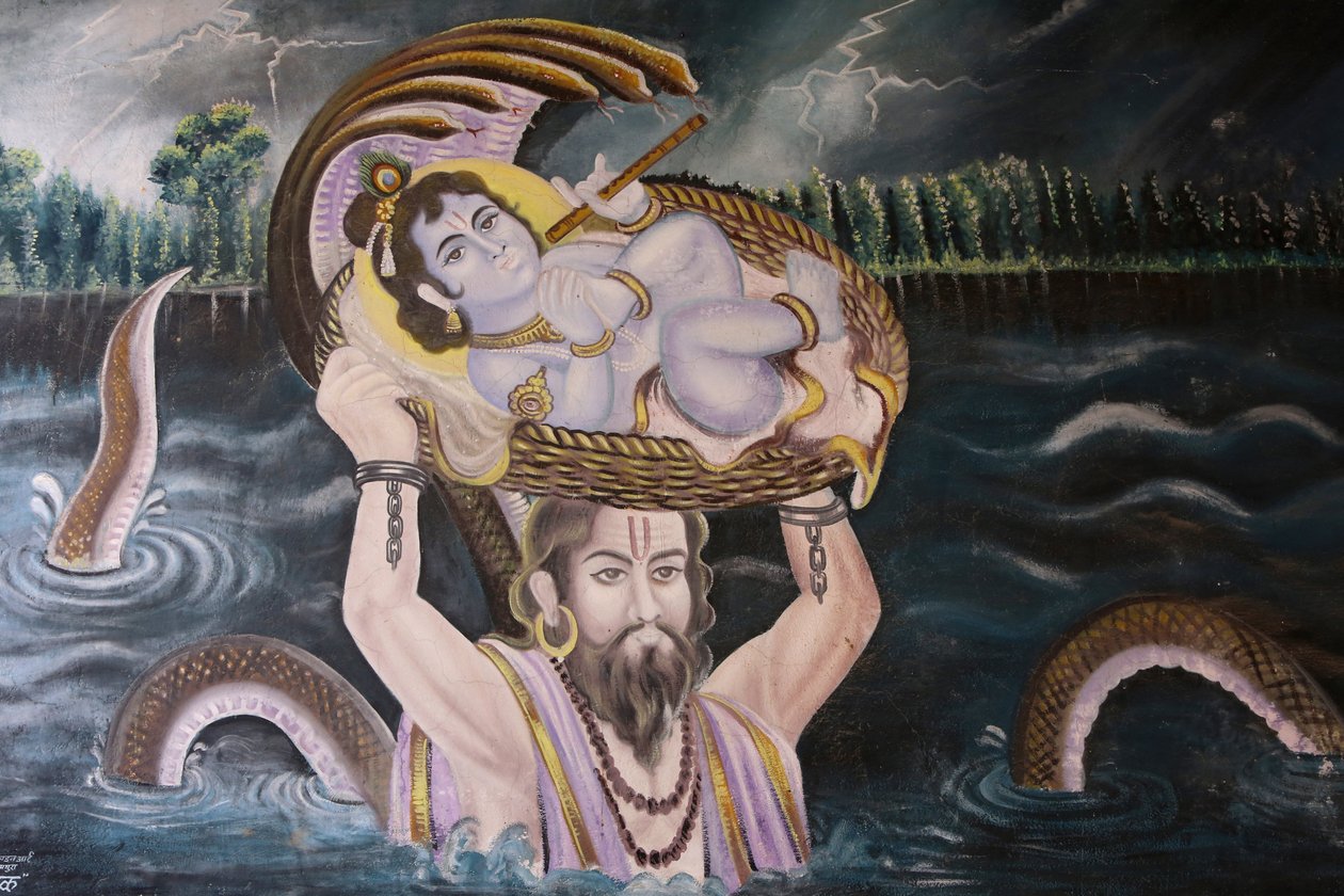 Maalaus Gokulissa: Krishna vauvana, jonka Vasudeva kantoi Yamuna-joen yli. Intia tekijältä Unbekannt