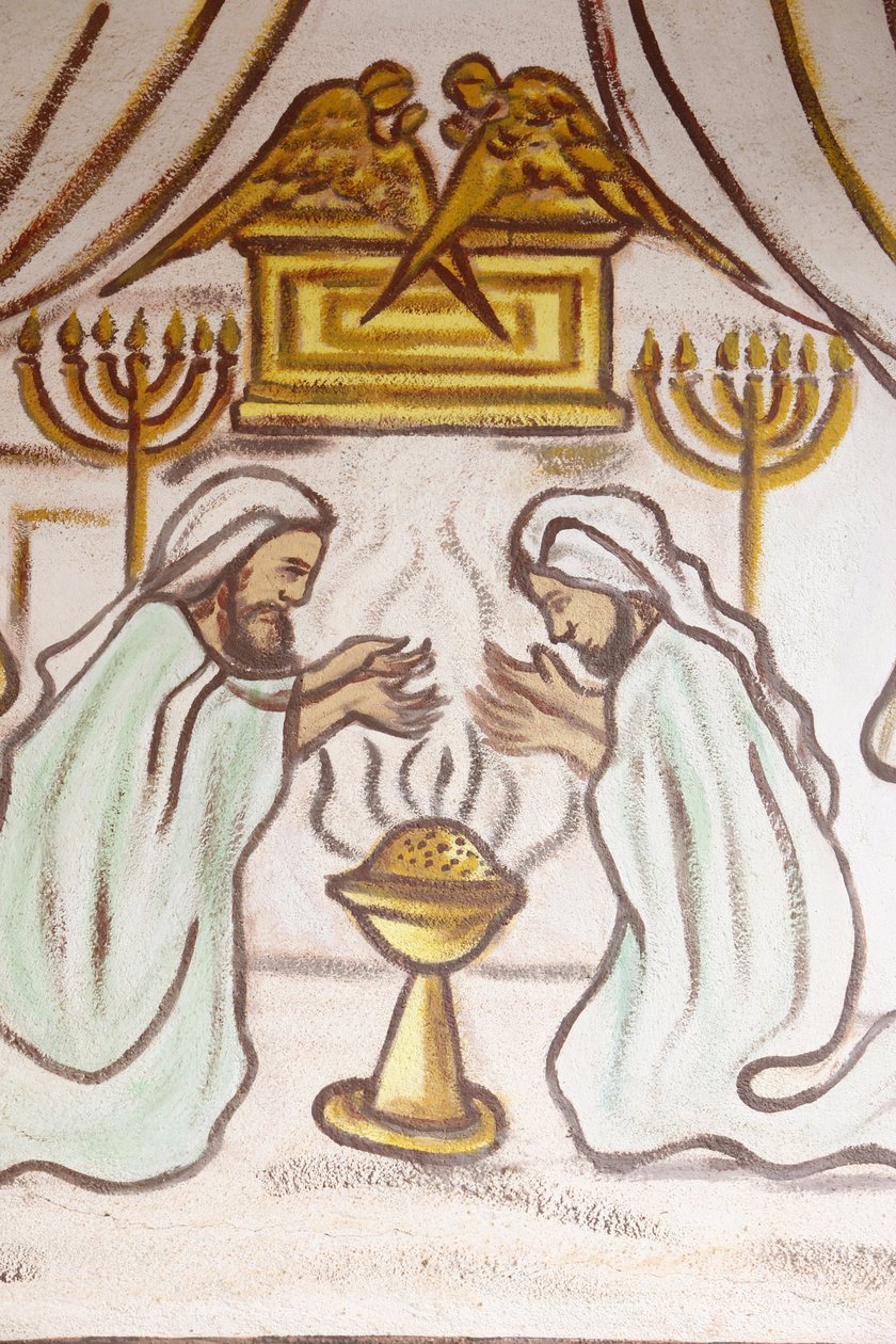 Maalaus Our Lady of Togo -kirkossa: Pyhä kaari, menora (Menorah) ja hajuvesialttari, Togoville, Togo tekijältä Unbekannt