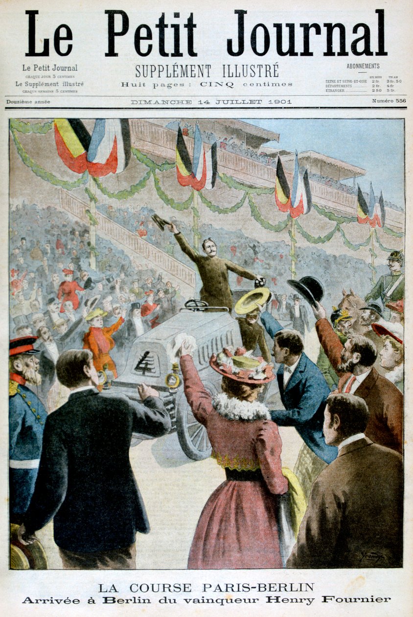 Pariisin Berliinin kilpailu, voittajan Henry Fournierin saapuminen, 1901 tekijältä Unbekannt