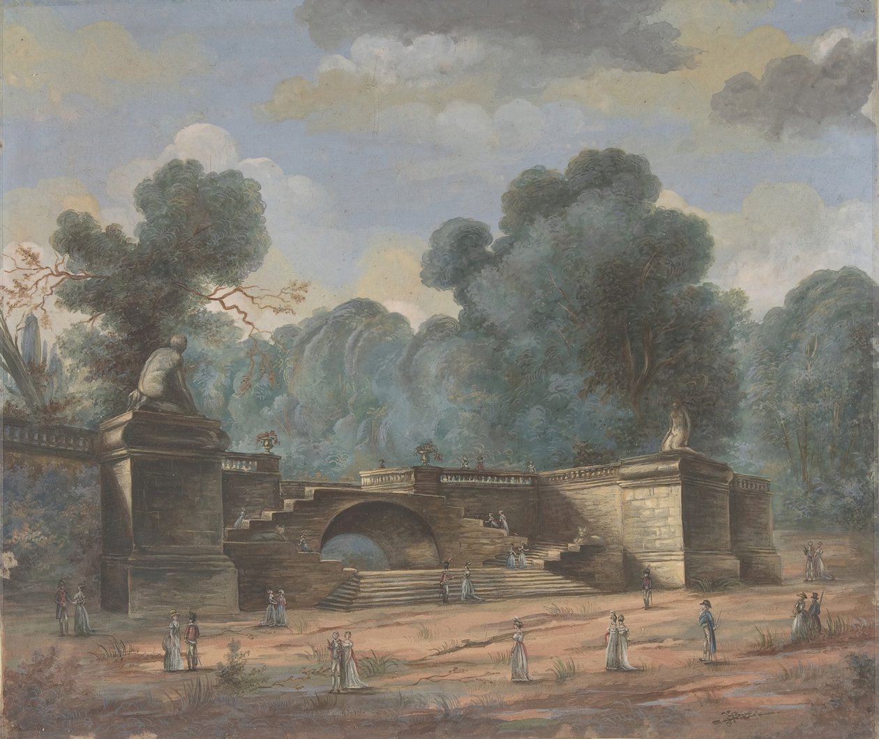 Puistomaisema kiertelevine hahmoineen, 1800-luku. tekijältä Unbekannt
