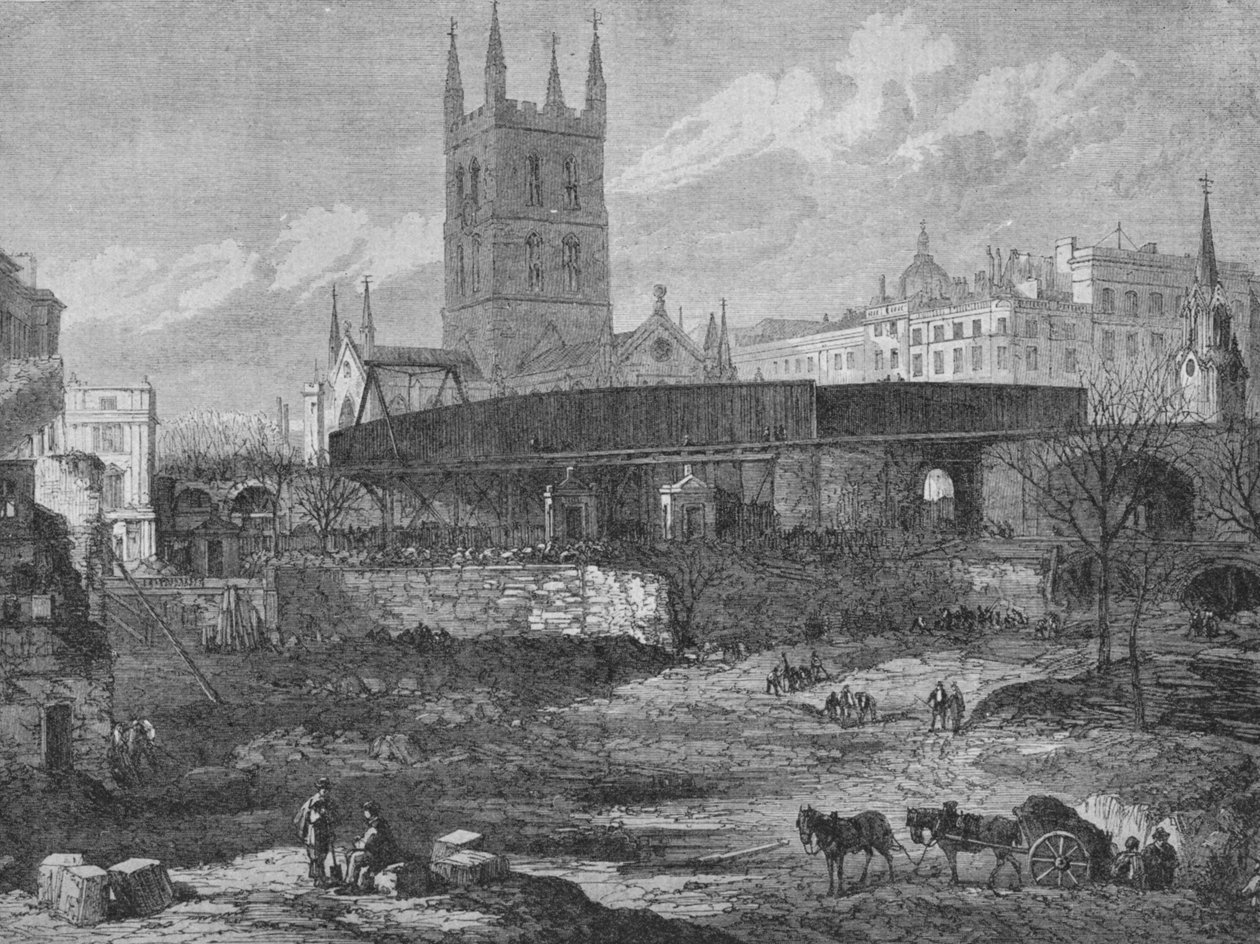 Osa Southwarkissa sijaitsevan St. Thomass -sairaalan toimipaikkaa, jota raivataan rautatietarkoituksiin, c1862, tekijältä Unbekannt