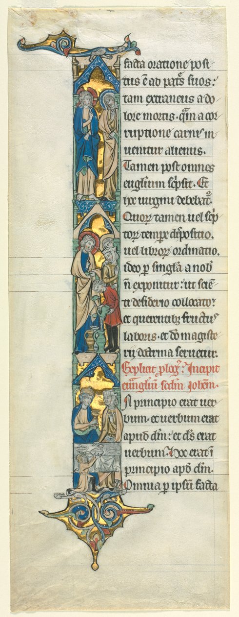 Osittainen lehti latinalaisesta Raamatusta: I[n principio] avioliiton kanssa Kaanassa, n. 1260-1270. tekijältä Unbekannt