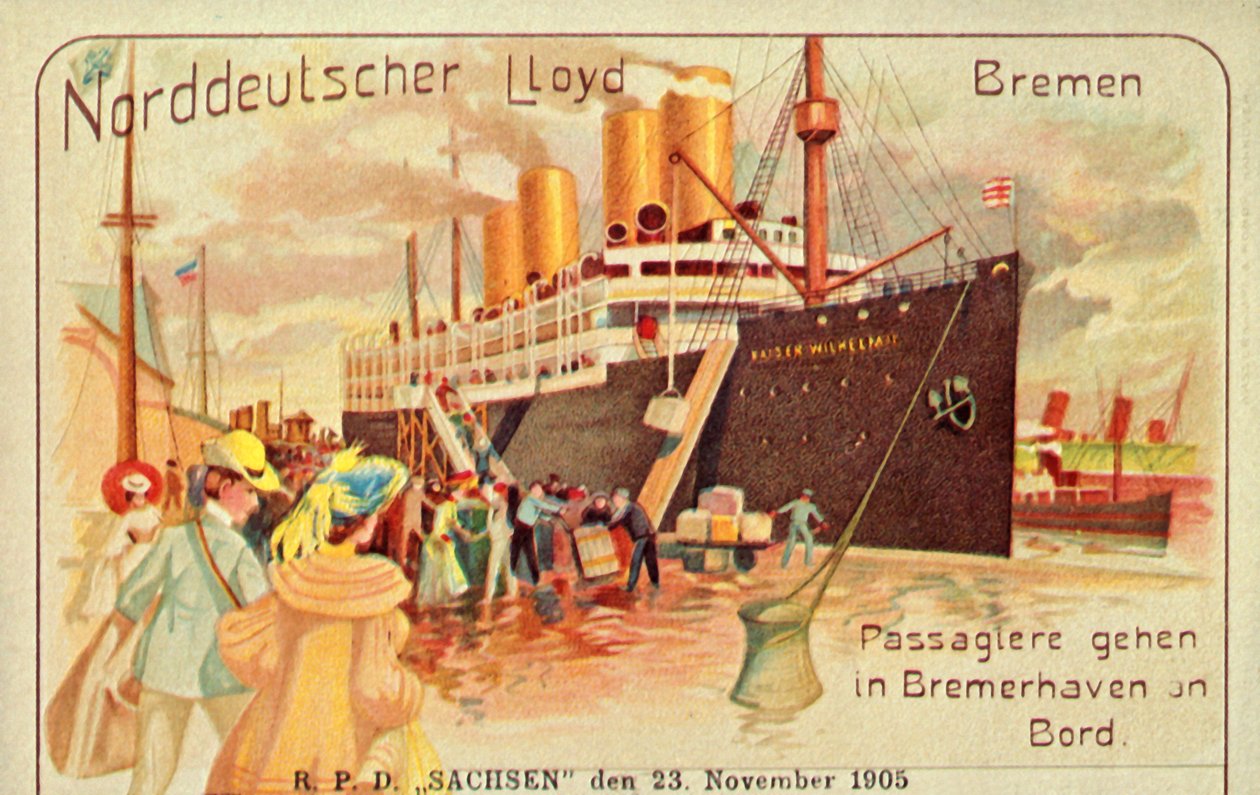 Matkustajat nousevat jättiläismäiseen SS Kaiser Wilhelm II:een Bremerhavenissa, 1905. tekijältä Unbekannt