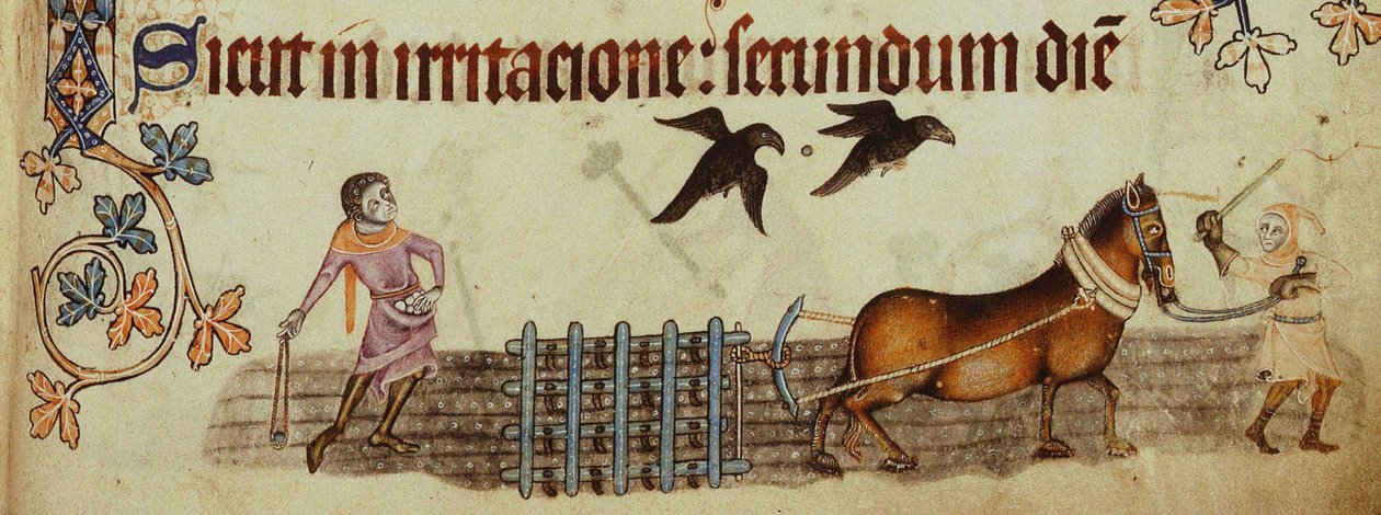 Talonpojat kyntämässä Luttrell-psalterista, n. 1330 tekijältä Unbekannt