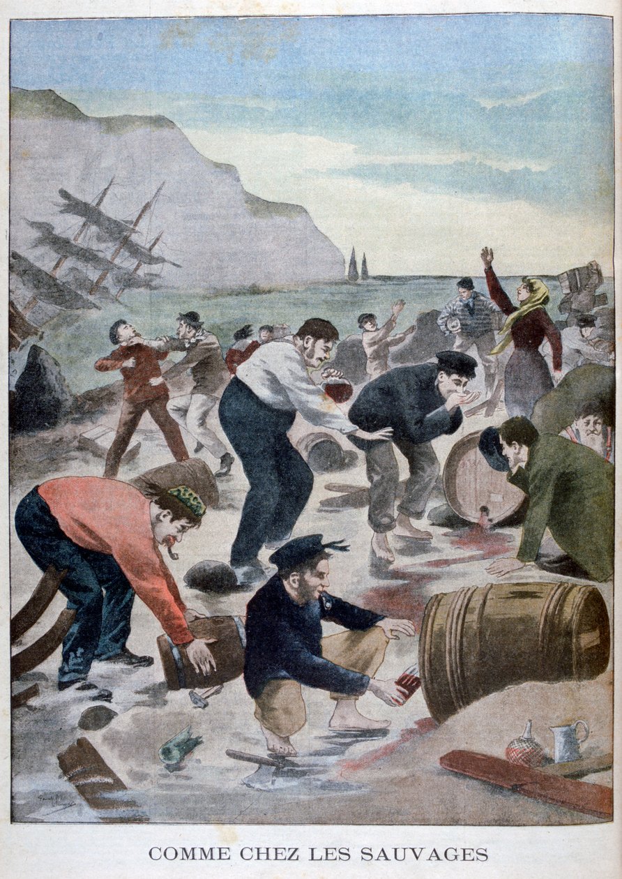 Ihmisiä pelastamassa esineitä haaksirikosta Wightin saarella vuonna 1902 tekijältä Unbekannt