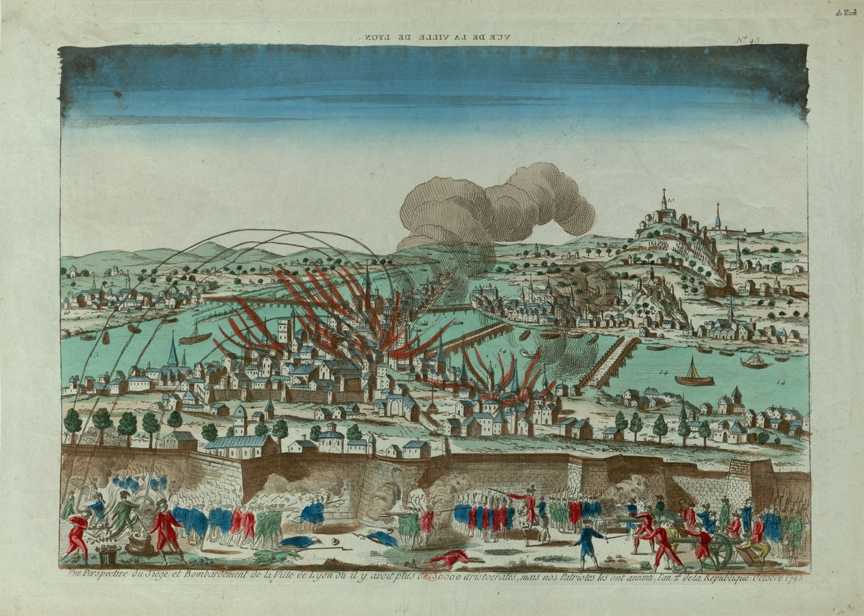Perspektiivinäkymä Lyonin kaupungin piirityksestä ja pommituksesta lokakuussa 1793, n. 1793. tekijältä Unbekannt