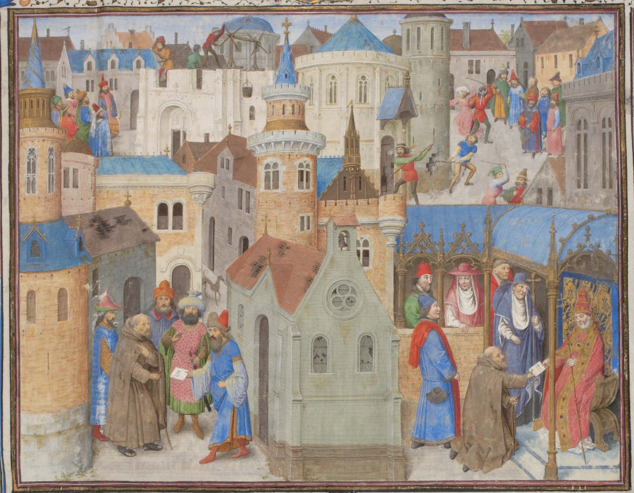 Pietari Erakko kuulee paavi Urbanus II:ta Clermontin kirkolliskokouksessa. Vilhelmin Tyroksen pienoismalli Historiasta, 1460-luku tekijältä Unbekannt