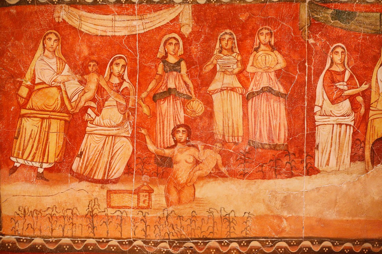 Faarao ja Mooseksen lapsuus, fresko Douran synagogasta (Dura) Europos, 244-245, ja säilytetään Damaskoksen kansallismuseossa. Kuva otettu New Yorkin juutalaismuseossa näyttelyn aikana. tekijältä Unbekannt