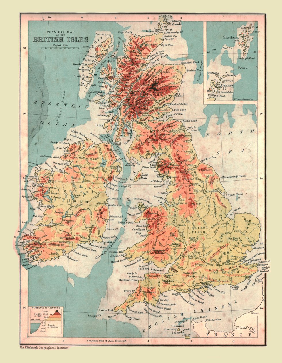 Brittisaarten fyysinen kartta, 1902. tekijältä Unbekannt