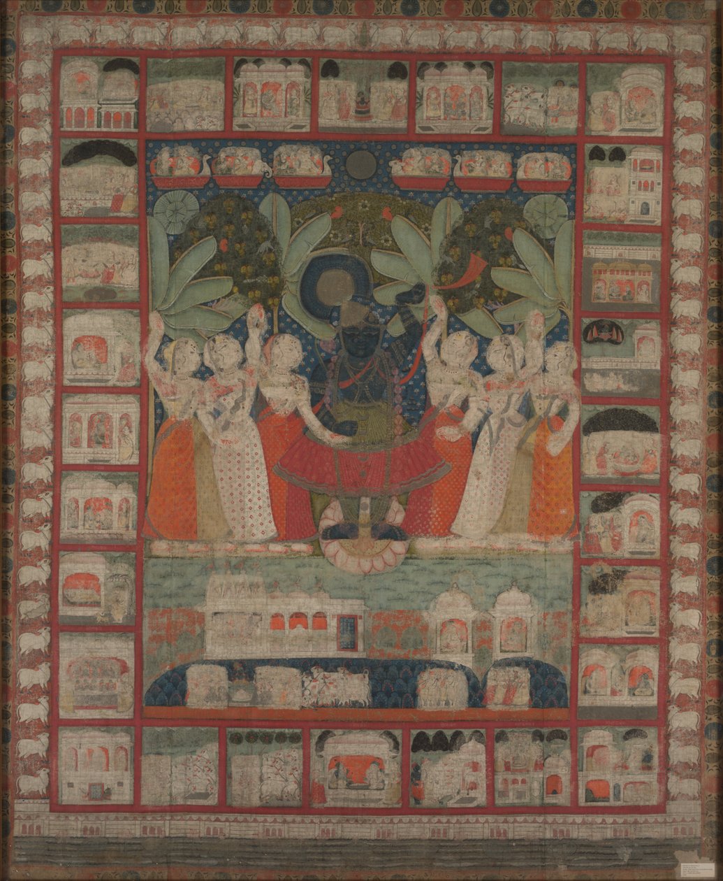 Pichvai-seinäverhoilu, jossa Shri Nathajin palvonta, 1825-1850. tekijältä Unbekannt