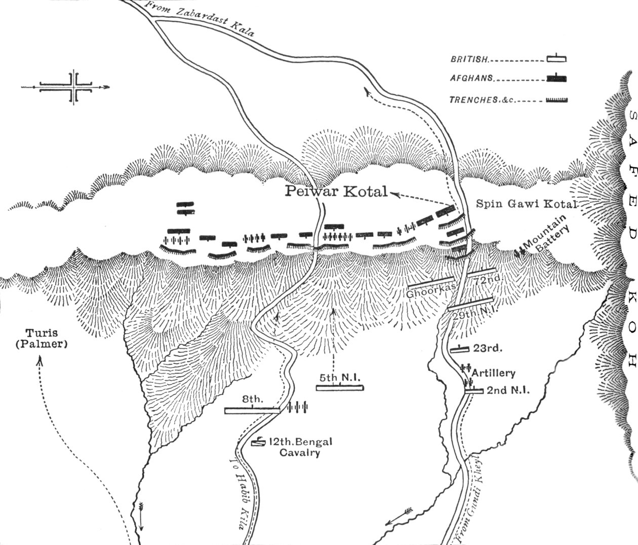 Hyökkäyssuunnitelma Peiwar Kotaliin 2.12.1878, c1880 tekijältä Unbekannt