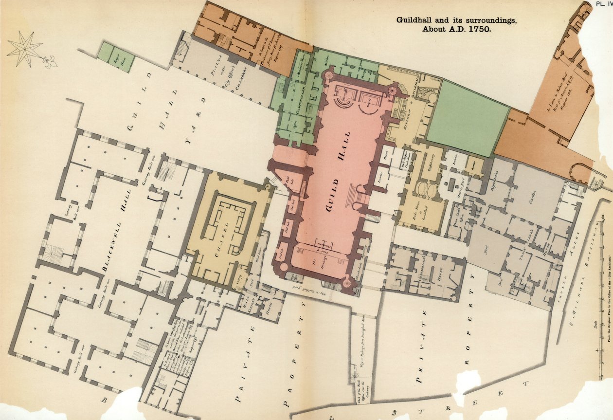 Plan of Guildhall ja sen ympäristö, City of London, c1750 1886 tekijältä Unbekannt