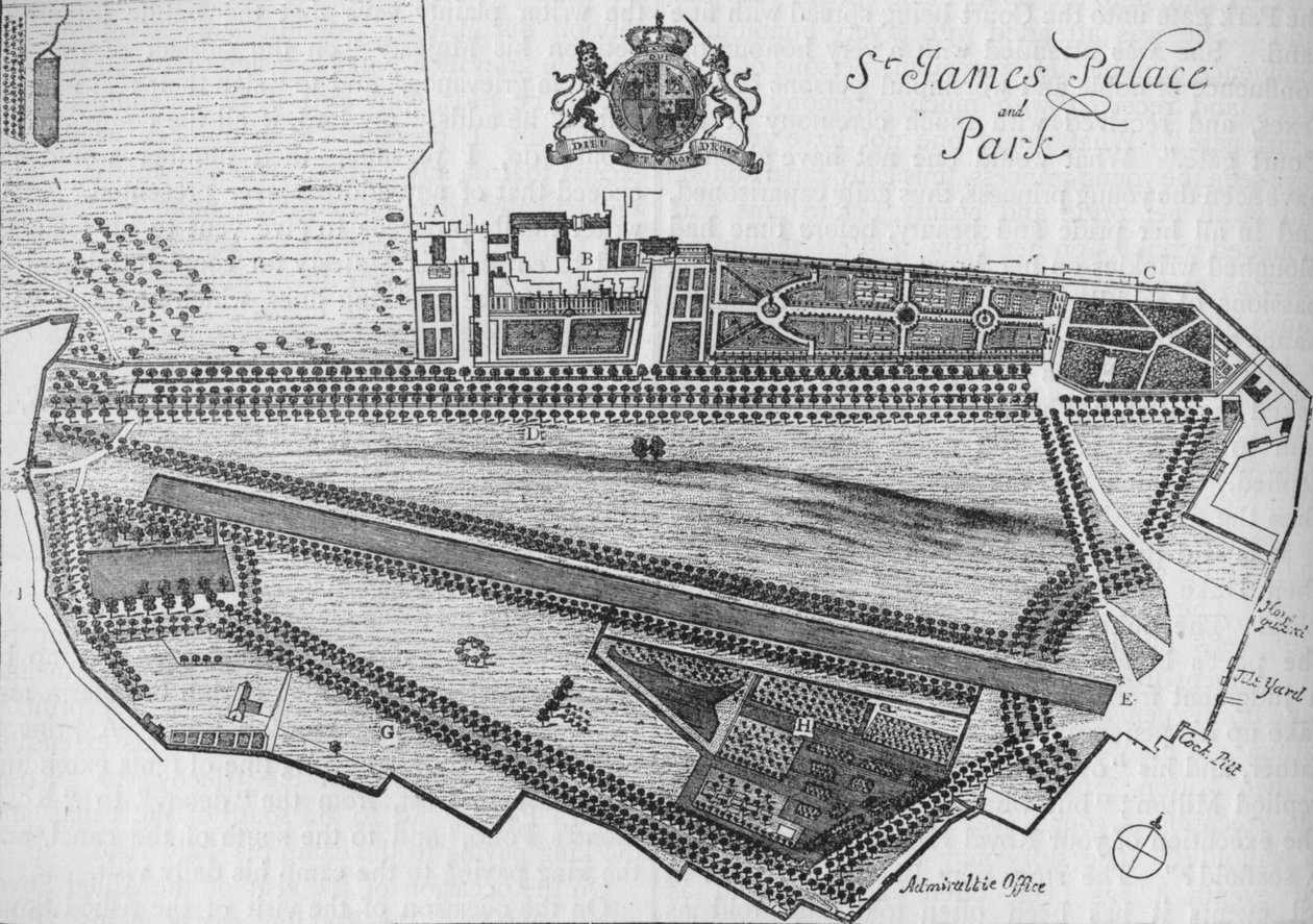 Pyhän Jaakon palatsin ja puiston suunnitelma Kaarle II:n aikana, n. 1700 1878 tekijältä Unbekannt