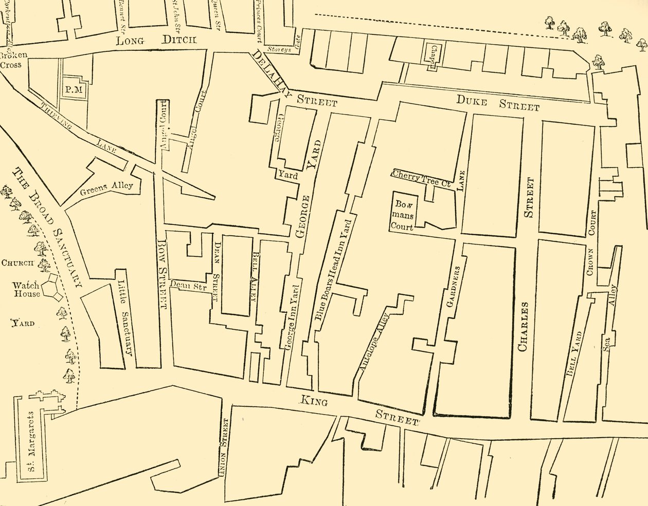 Suunnitelma osan Westminsteristä vuosien 1734 ja 1748 välisenä aikana – ennen Great George Streetin pystyttämistä tekijältä Unbekannt