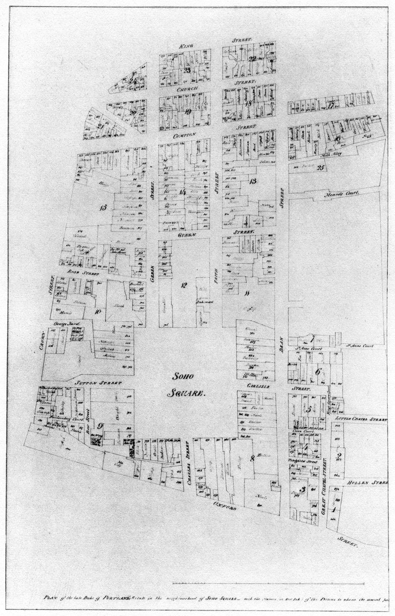 Portlandsin herttuan kartanon suunnitelma, Soho Square, Lontoo, 1907 tekijältä Unbekannt