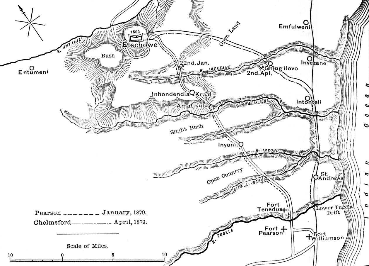 Suunnitelma Pearsonin marssista tammikuussa 1879 ja Chelmsfordin marssista huhtikuussa 1879 Etschoween vuonna 1880 tekijältä Unbekannt