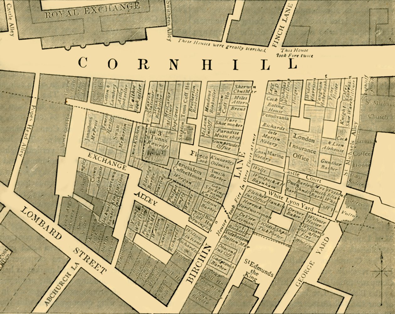 Suunnitelma, joka näyttää Cornhillin suuren tulipalon laajuuden vuonna 1748, c1872. tekijältä Unbekannt