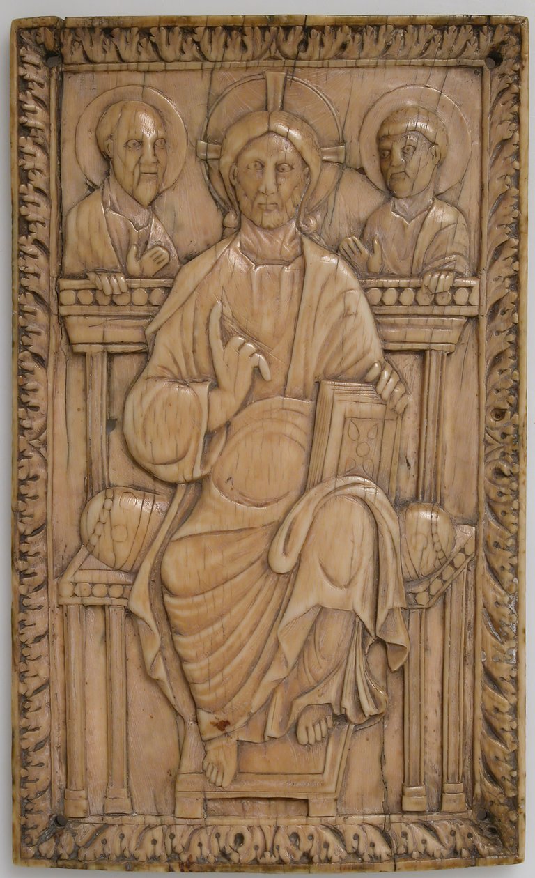Kiltti, jossa Kristus istuu valtaistuimella kahden apostolin kanssa, Carolingian, 850-875. tekijältä Unbekannt