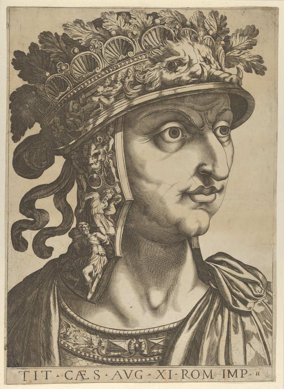 Levy 11: Titus Vespasianus katsomassa oikealle, teoksesta "Kaksitoista keisaria", 1610-40. tekijältä Unbekannt