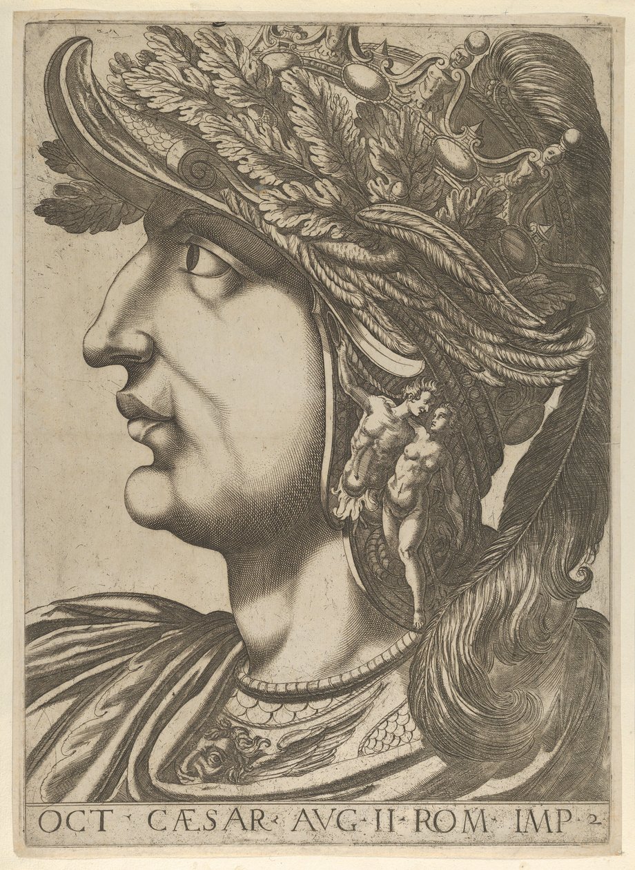 Levy 2: Octavianus profiilissa vasemmalla, teoksesta "Kaksitoista keisaria", 1610-40, 1610-40. tekijältä Unbekannt