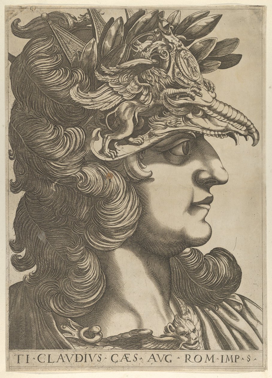 Levy 5: Tiberius Claudius profiilissa oikealla, teoksesta "Kaksitoista keisaria", 1610-40. tekijältä Unbekannt