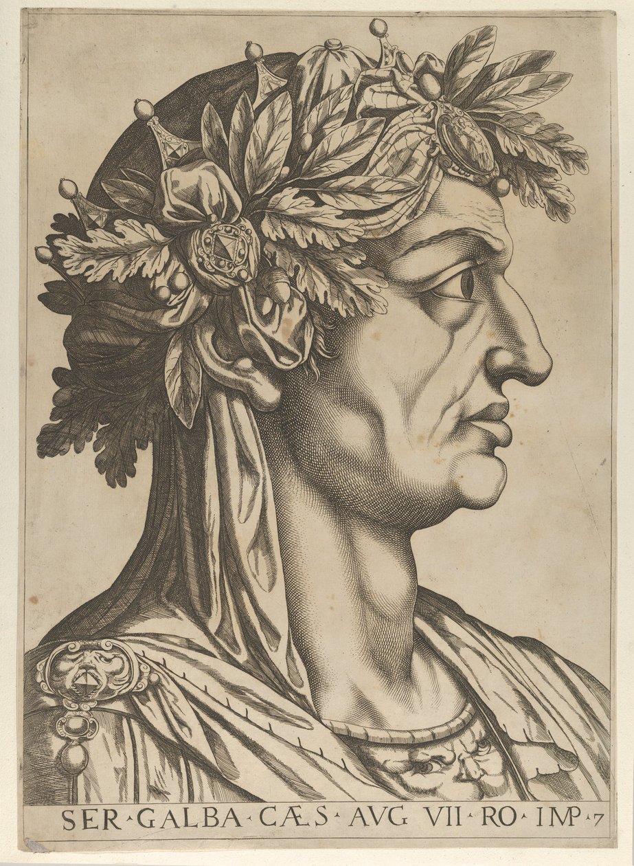 Levy 7: Servius Galba profiilissa oikealla, teoksesta "The Twelve Caesars", 1610-40. tekijältä Unbekannt