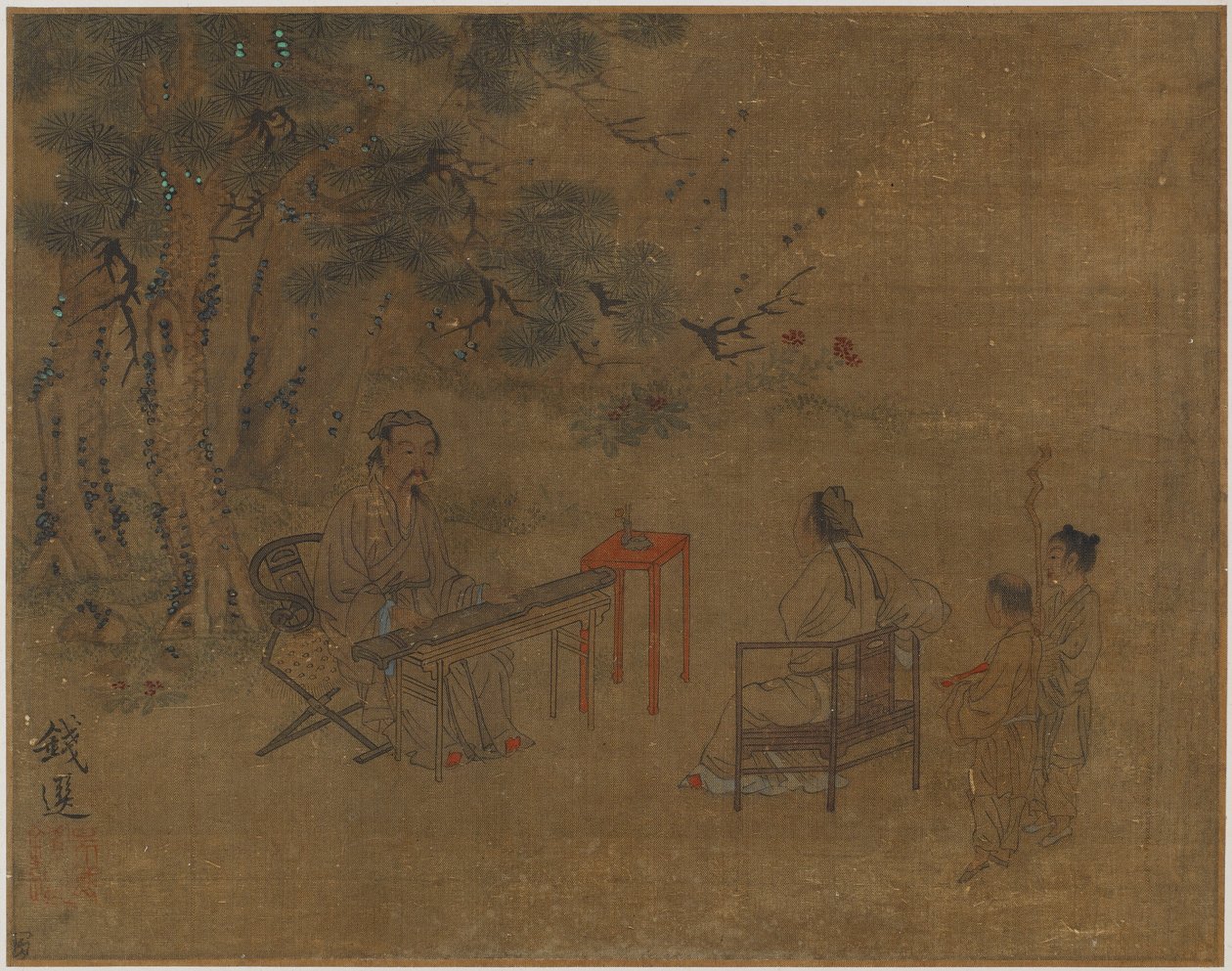 Sitraa soittamassa mäntyjen alla, mahdollisesti Ming-dynastia, 1368-1644. tekijältä Unbekannt