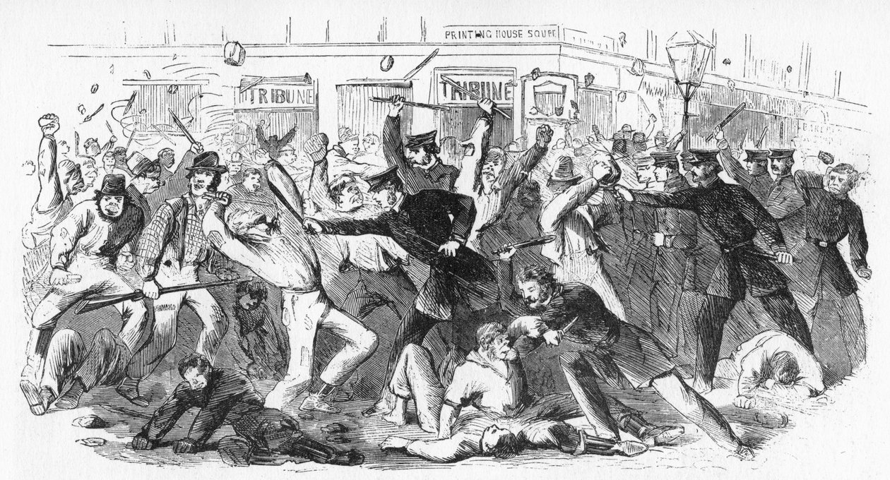 Poliisi syyttää mellakoijia Tribune-toimistossa, 1860-luku tekijältä Unbekannt