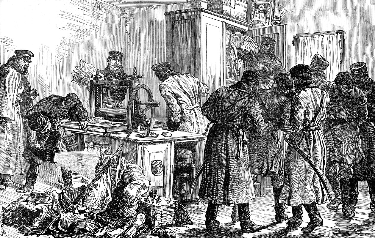Poliisi löytää nihilistisen painokoneen Pietarista, Venäjältä, 1887 tekijältä Unbekannt