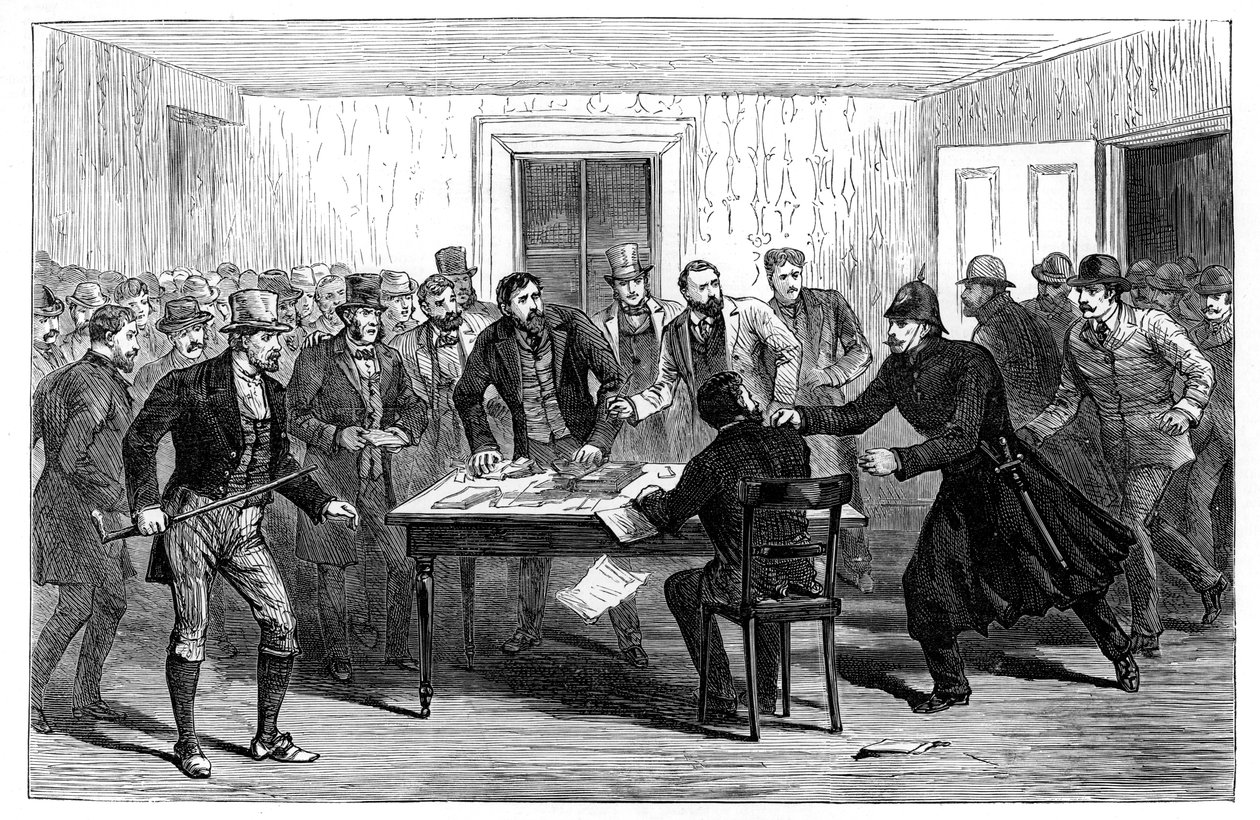 Poliisi teki ratsian kansallisiin vuokratoimistoihin Loughreassa, Irlannissa, 1887 tekijältä Unbekannt