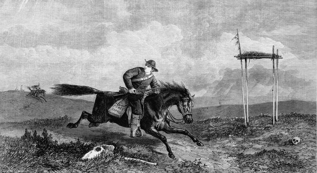 Pony Expressin ratsastaja ylittää vihamielisen maan, jota intiaanit jahtaavat, 1861 tekijältä Unbekannt