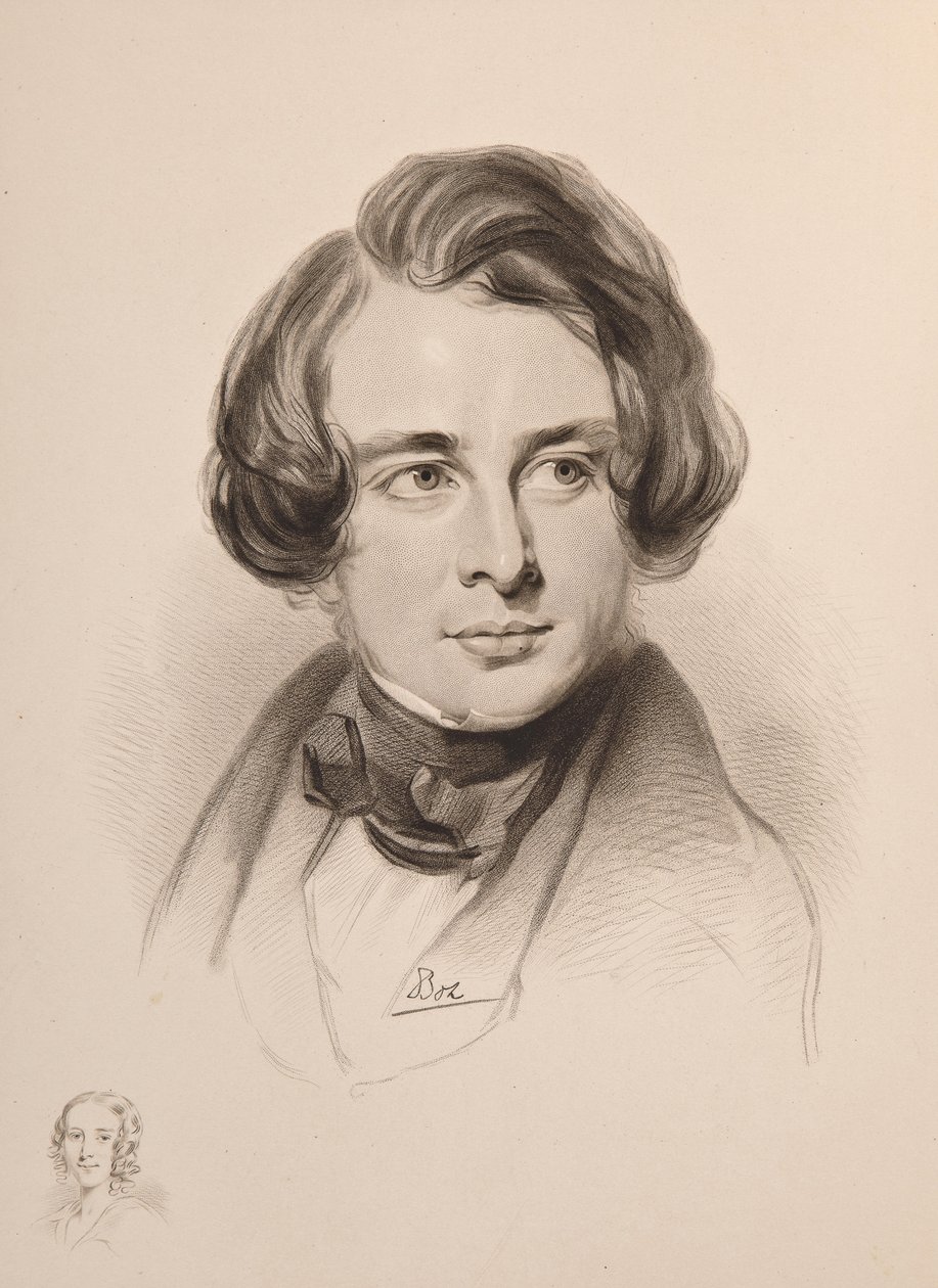 Charles Dickensin muotokuva. Luonnos Dickensin sisaresta Fannysta, alhaalla vasemmalla, 1842. tekijältä Unbekannt