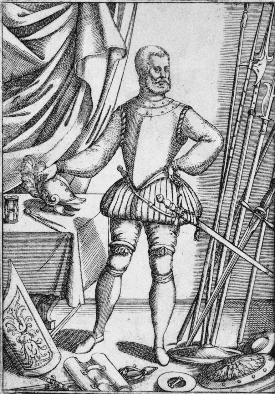 Giacomo Di Grassin muotokuva, jossa näkyy aseita, joiden käyttöä hän opetti oppilailleen, 1575, 1936 tekijältä Unbekannt