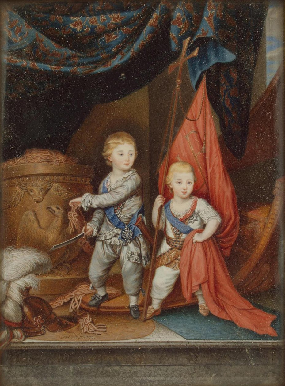 Muotokuva suurruhtinaista Aleksanteri Pavlovichista ja Konstantinus Pavlovichista lapsina, 1790 tekijältä Unbekannt