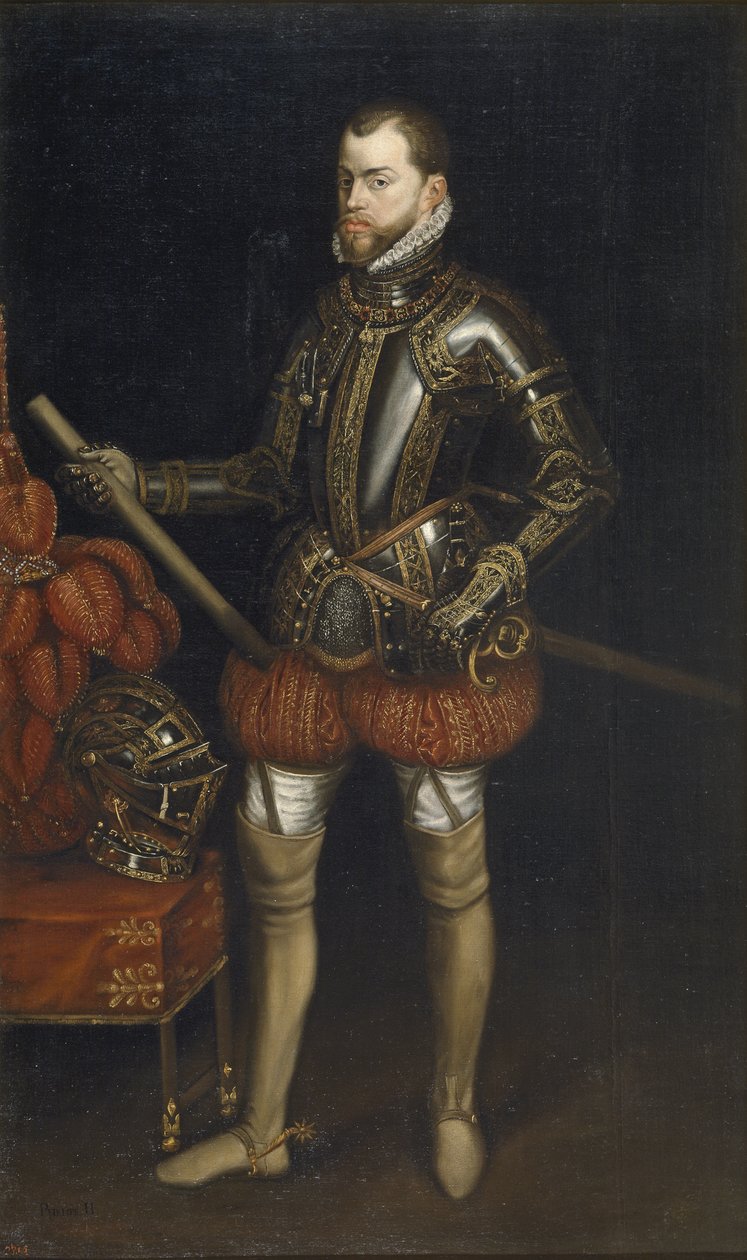 Muotokuva Philip II:sta 1527-1598 haarniskassa Saint Quentinin taistelusta, 1600-luvun alku tekijältä Unbekannt