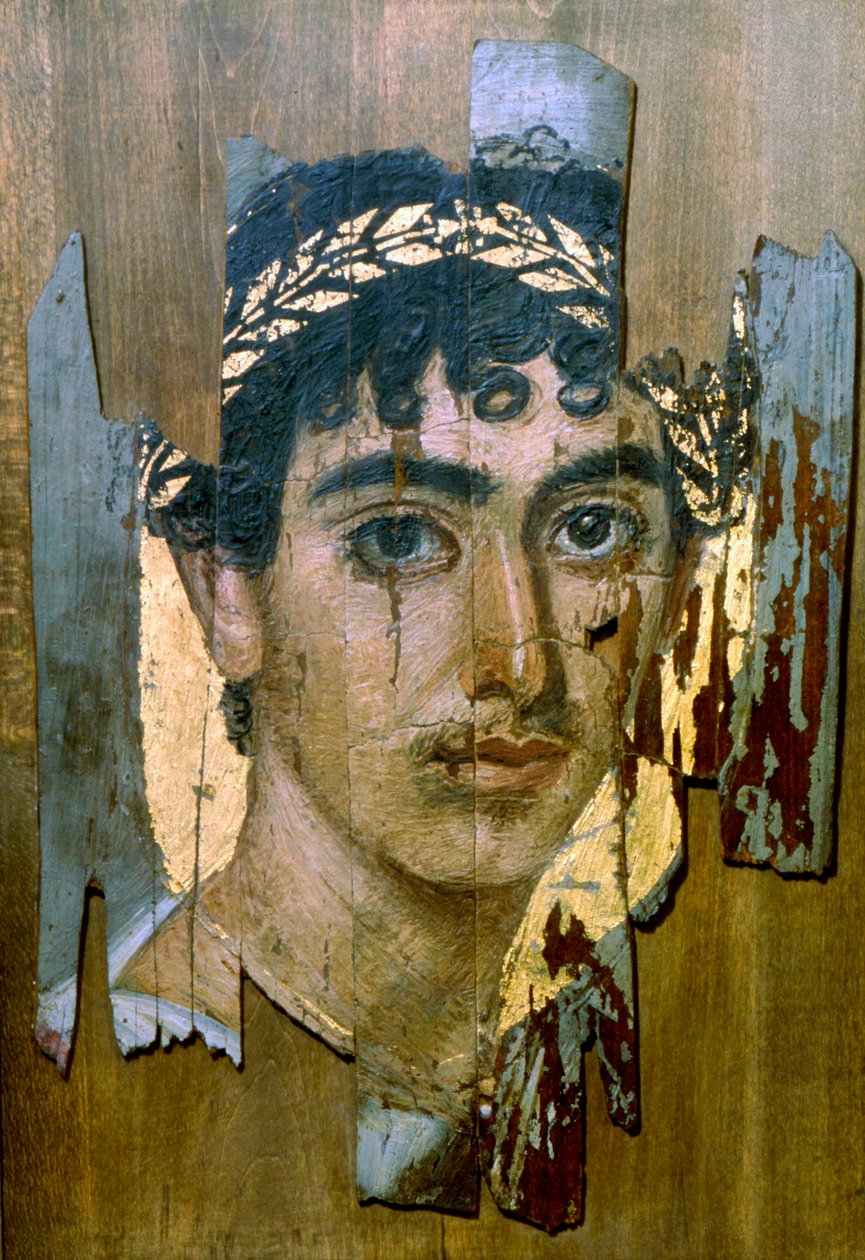 Nuoren muotokuva kultaseppeleessä, Fayum-muumiomuotokuva, roomalais-egyptiläinen, 2. vuosisadan alku tekijältä Unbekannt