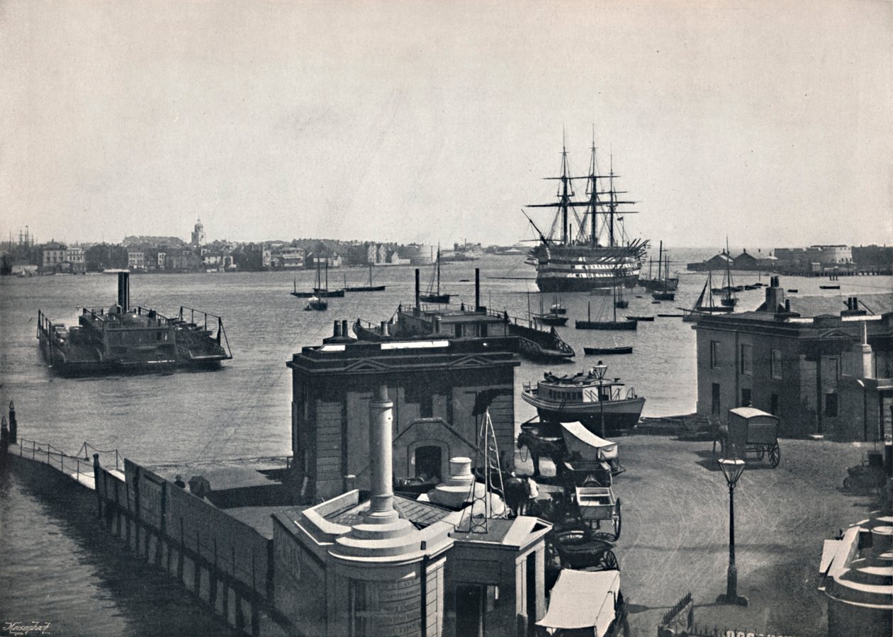 Portsmouth - Yleinen näkymä satamaan, näytetään Nelsons Battleship, The Victory., 1895 tekijältä Unbekannt