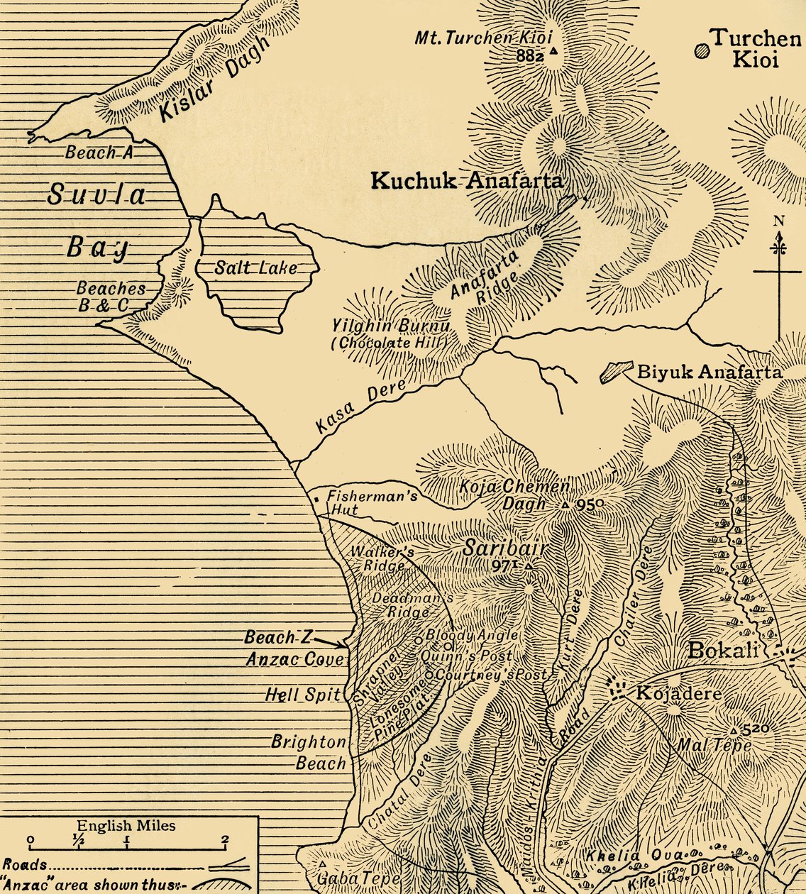 ANZAC-joukkojen asemat Gallipolin niemimaalla Turkissa, ensimmäinen maailmansota, heinäkuu 1915, c1920. tekijältä Unbekannt